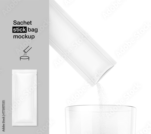 Sachet pack pouring powder product on clear glass. Vector illustration isolated on a white background. Ready for use in presentation, promo, advertising and more. EPS10.