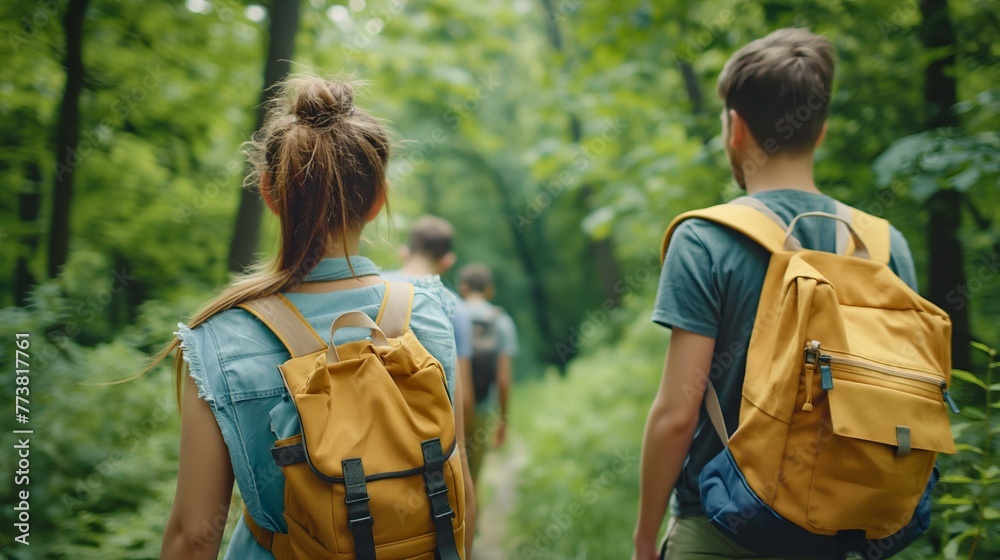 A young man and woman are walking through a forest, each carrying a yellow backpack. The scene is peaceful and serene, with the trees providing a natural canopy overhead