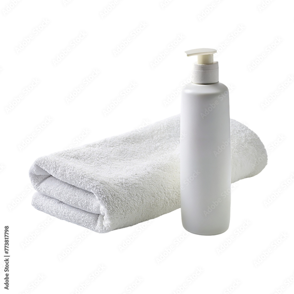 White towel with a white shampoo bottle, Isolated on transparent background White towel with a white shampoo bottle, Isolated on transparent background