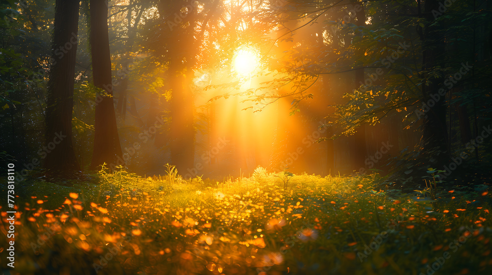 Lumière du soleil filtrant à travers les arbres d'une forêt Lumière du soleil filtrant à travers les arbres d'une forêt
