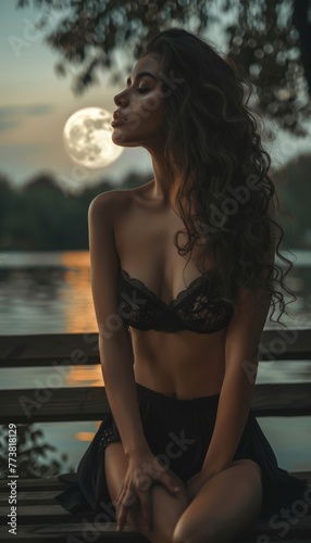 Woman in black lingerie outdoors at night. An artistic depiction of a woman sitting peacefully in black lingerie under the moonlight, surrounded by nature