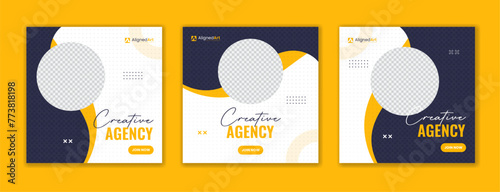 Round organic shape social media post design, corporate agency square template set, yellow color web post