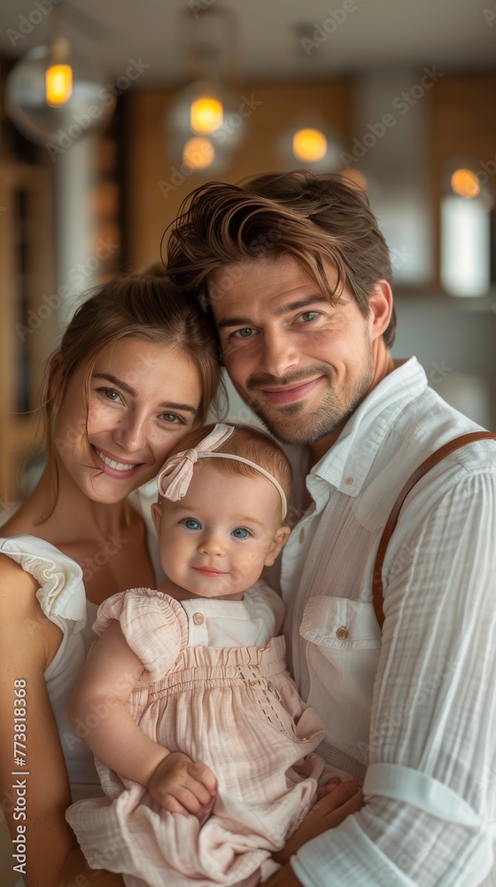 Happy family portrait with a smiling baby. A gleeful young family poses for a portrait, with the beaming baby taking center stage in a cozy environment Happy family portrait with a smiling baby. A gleeful young family poses for a portrait, with the beaming baby taking center stage in a cozy environment