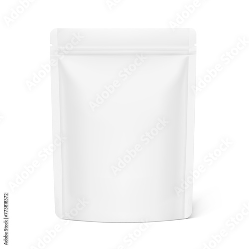 Realistic stand up pouch bag mockup with transparent shadow. Front view. Vector illustration isolated on white background. Ready for your design. EPS10.