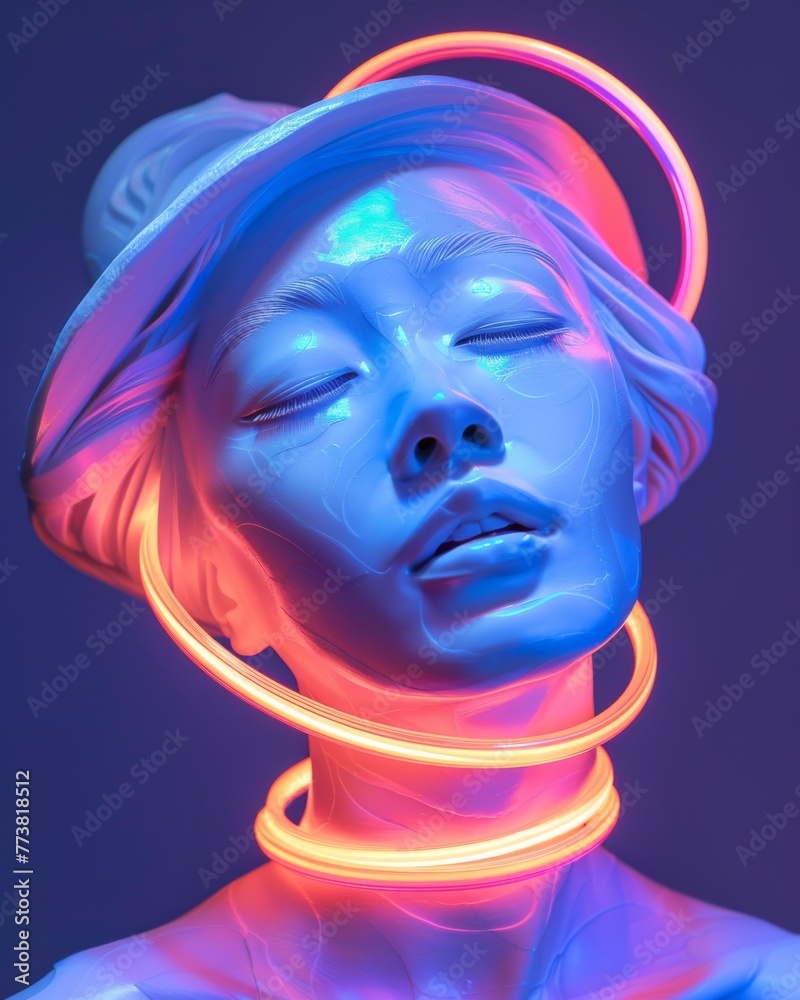Neon glow on abstract face sculpture. A vibrant image featuring a face sculpture wrapped in a neon light, making it a visually striking piece