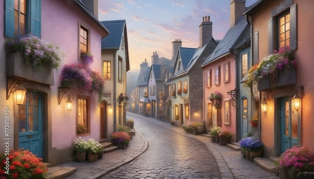 a charming cobblestone street lined with colorful upscaled 4