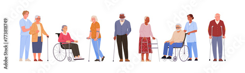 Aged people with assistive devices. Vector illustration in cartoon flat style of senior people with crutches, canes, walkers and wheelchairs, and nurses. Isolated on transparent background. © nadzeya26
