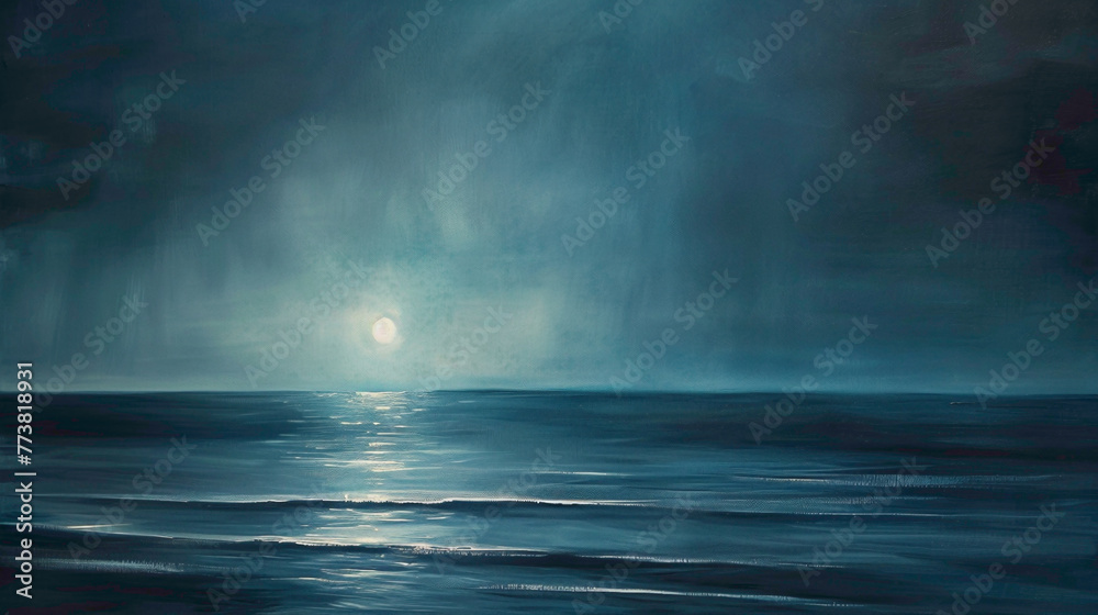 A tranquil seascape bathed in the soft glow of moonlight, with hues of indigo and silver blending harmoniously agnst the dark expanse of night.