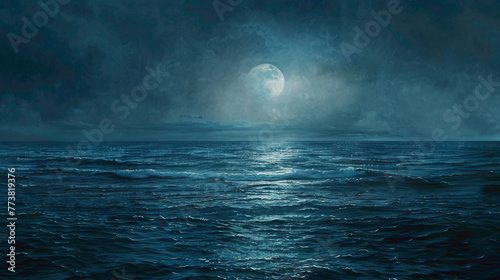 A tranquil seascape bathed in the soft glow of moonlight, with hues of indigo and silver blending harmoniously agnst the dark expanse of night.