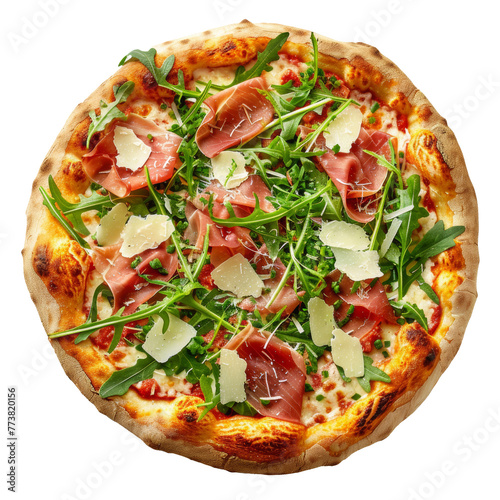 Italian Prosciutto Arugula Pizza with Shaved Parmesan on Transparent Background
