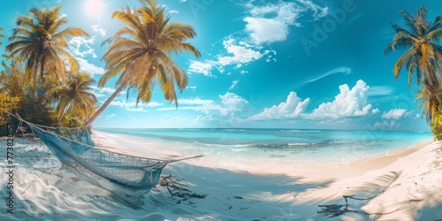 Beautiful tropical beach banner. White sand and coco palms travel tourism wide panorama background concept. Amazing beach landscape © Coosh448