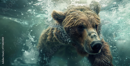 A photo of an underwater bear. The bear is happy and playful. Sunlight rays through the water surface
