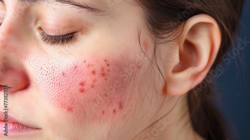 Close-up of a woman's cheek showing signs of rosacea, with visible pores and skin texture. Concept of skin condition and dermatology. photo