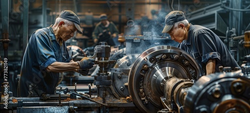 Industrial environment with two workers operating heavy machinery. The main focus is a man adjusting components on a large metal lathe, with another person working in the background.