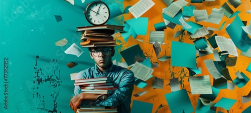Portrait of a tired man with a stack of books topped by a clock on his head, against a teal and orange background with flying papers. Concept for time management, stress, and education.
