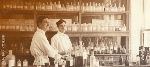 Historical pharmacy setting. Sepia-toned image of two young male pharmacists in white coats standing before shelves lined with various medicine bottles, conveying a classic apothecary atmosphere © Maxim