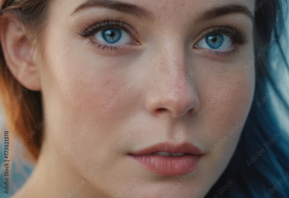 Close up fashion portrait of seductive sexy woman with big blue eyes ,full lips , prefect skin and long fluffy curled hairstyle. Natural make up. Close up fashion portrait of seductive sexy woman with big blue eyes ,full lips , prefect skin and long fluffy curled hairstyle. Natural make up.