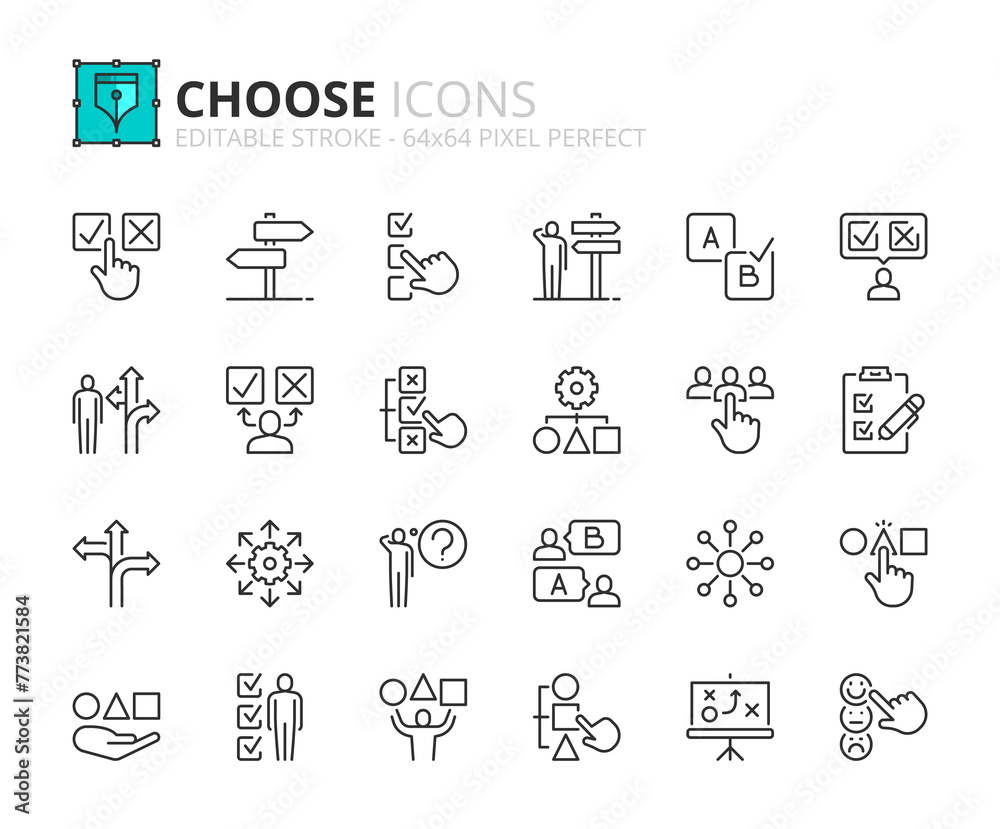 Line icons about choose. Pixel perfect 64x64 and editable stroke - obrazy, fototapety, plakaty 