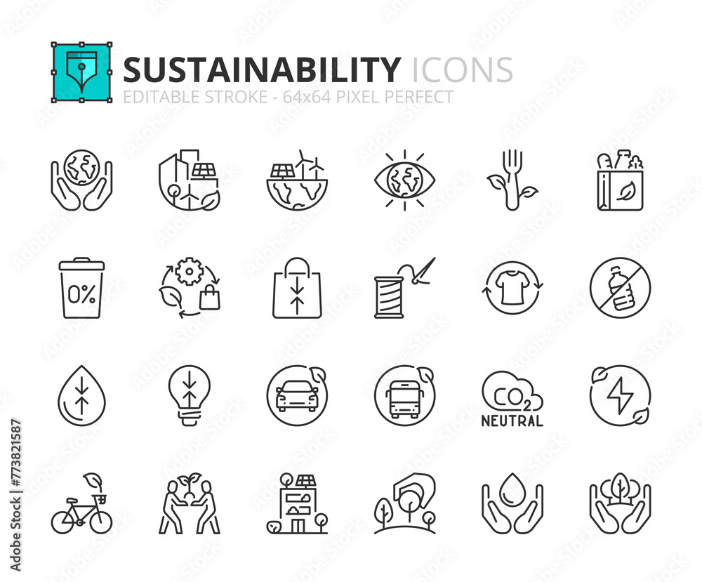 Line icons about sustainability. Pixel perfect 64x64 and editable stroke