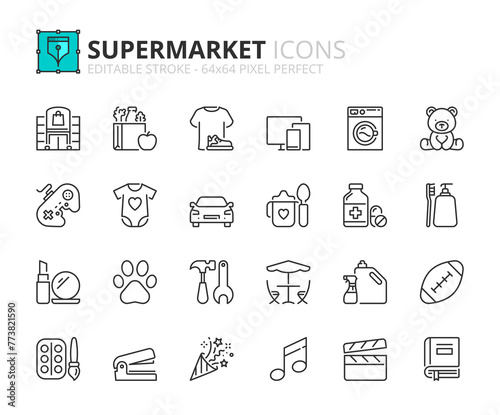 Line icons about supermarket. Pixel perfect 64x64 and editable stroke