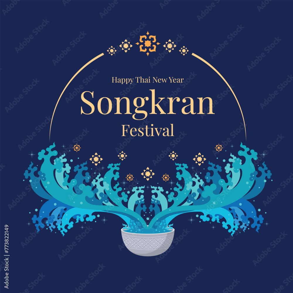 Happy thai new year or songkran festival - Gold text in circle line frame with thai silver bowl with water splash and thai flowers art traditional on soft dark blue background vector design - obrazy, fototapety, plakaty 