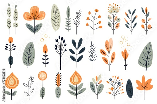 Set of flat illustrations of plants, trees, leaves, branches, bushes and pots.