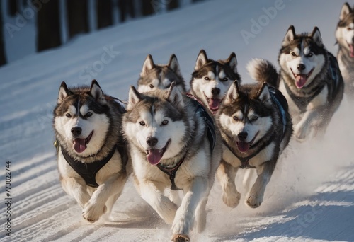 front view at four siberian huskys at race in winter © Алексей Ковалев