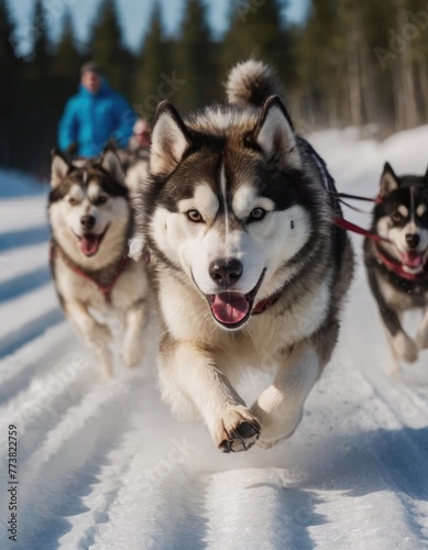 front view at four siberian huskys at race in winter