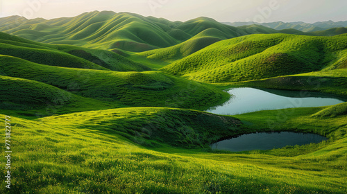 A serene landscape of rolling green hills, dotted with trees and small lakes reflecting the vibrant greens around them