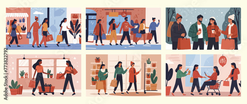 Engaging in E-Commerce. Illustrating the Busy World of Online Shopping. illustration of a set of banners. Flat design Collection. vector illustration.