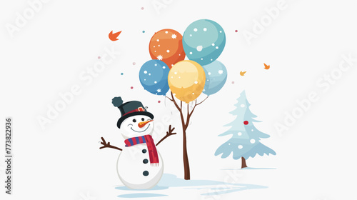 Snowman with a balloon tree Flat vector 