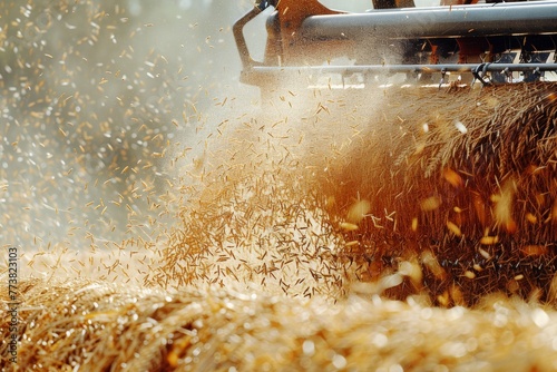 Close view of combine harvester ejecting wheat chaff