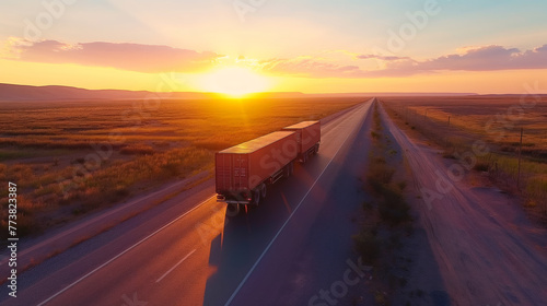 A picturesque scene showcasing commercial vehicles transporting containers between a dry port and seaport, facilitating road freight and shipping logistics photo