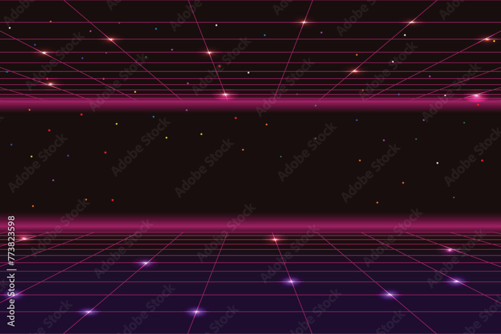 Pixel art background.8 bit game. retro game. for game assets in vector illustrations. Retro Futurism Sci-Fi Background. glowing neon grid. and stars from vintage arcade comp - obrazy, fototapety, plakaty 