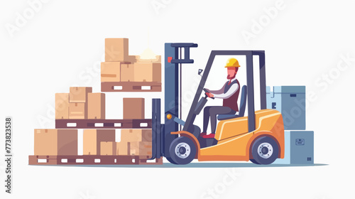 Warehouse worker moving load by forklift truck flat