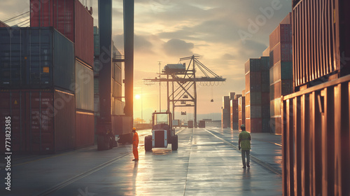 A bustling container depot filled with stacked export containers, forklifts, cranes, and workers engaged in cargo handling operations photo