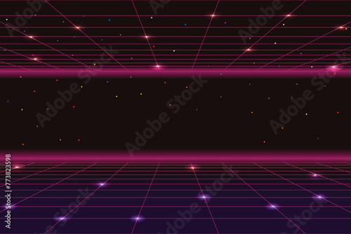 Pixel art background.8 bit game. retro game. for game assets in vector illustrations. Retro Futurism Sci-Fi Background. glowing neon grid. and stars from vintage arcade comp photo