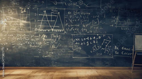 Blackboard inscribed with scientific formulas and calculations 