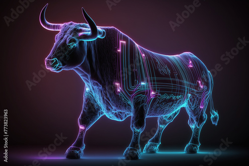 Bull stock exchange. glowing neon bull against the background of stock exchange charts and quotes. Black background. 