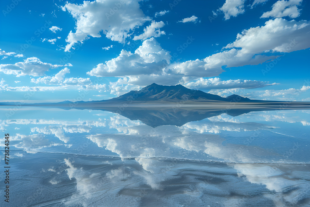 A surreal landscape of a mirrored salt flat where sky and earth converge, creating an illusionary and dreamlike reflection.