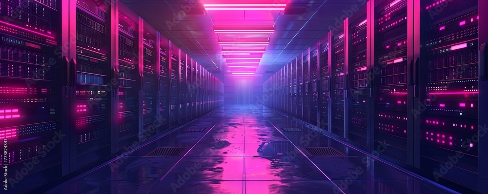 Computer in the data center. Cloud computing service on a large server farm. vector simple illustration - obrazy, fototapety, plakaty 