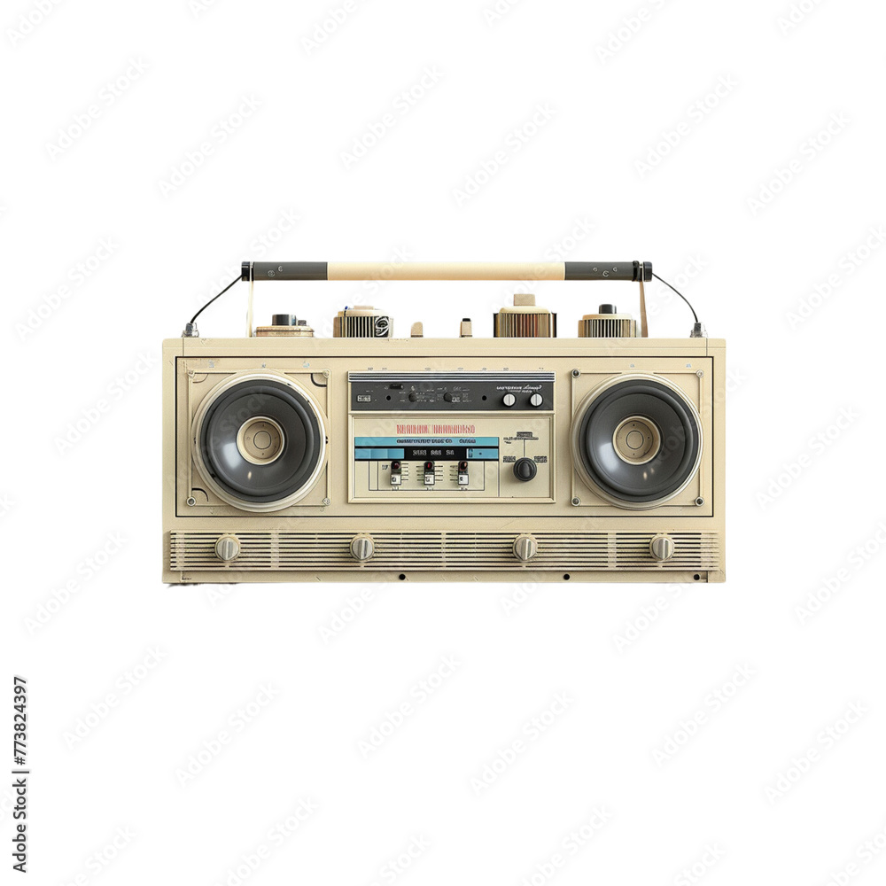 3D render of a retro beige boombox on a light grey background