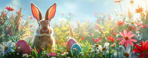 Easter bunny ears with easter eggs on meadow with flowers background banner.art illustration
