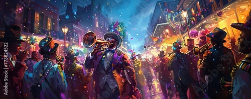 Mardi Gras in New Orleans: colorful floats, lively music, and elaborate costumes create a festive atmosphere as revelers parade through the streets Art illustration photo