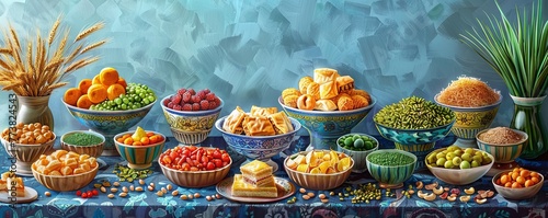 Nowruz festive table. arabic dessert baklava, sweets, nuts, dry fruits, green wheat grass on blue background.art illustration © Coosh448