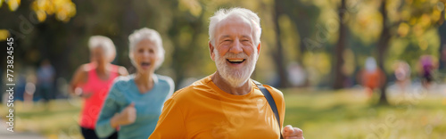 Happy and healthy lifestyles of old peoples running in the park. Generative AI photo