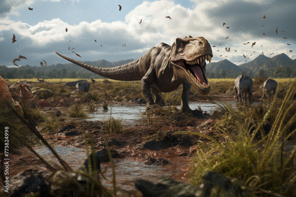 Fototapeta premium Image of dinosaurs in its environment. History of dinosaurs. Topics related to dinosaurs. History book. Extinction of dinosaurs.