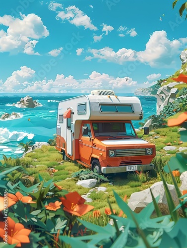 low poly cartoon part Mobile homes and tents In the national park with trees, clouds and mountains in the background. green tone 3d render. Generative ai