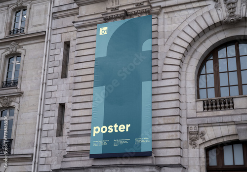 Mockup of customizable vertical banner on building