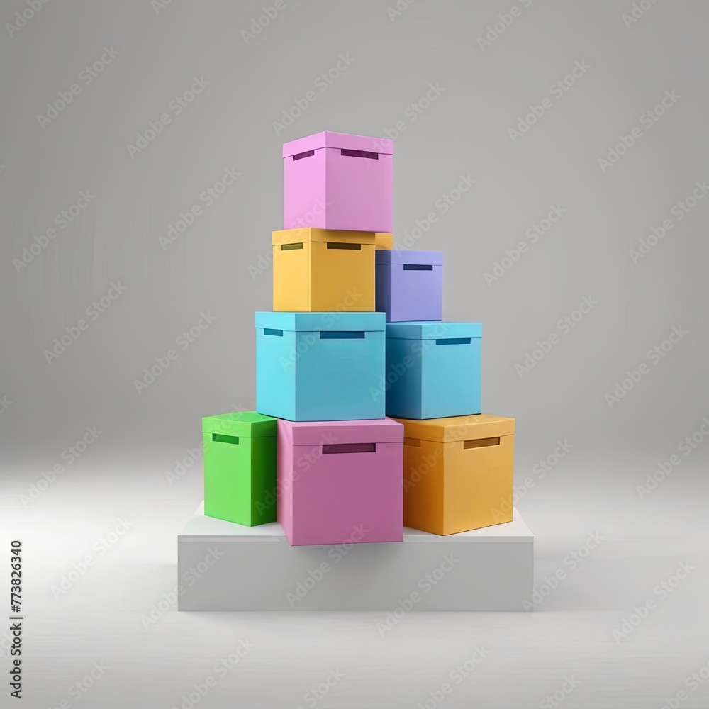 A stack of colorful boxes on a white surface